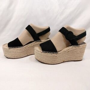 Marc Fisher Black Alrex Espadrille Sandals; Platform Wedge Suede Ankle Strap